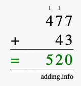 Calculate 477 + 43 using long addition