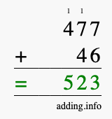 Calculate 477 + 46 using long addition