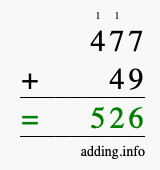 Calculate 477 + 49 using long addition