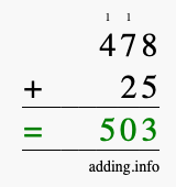 Calculate 478 + 25 using long addition