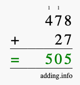 Calculate 478 + 27 using long addition
