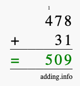 Calculate 478 + 31 using long addition