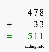 Calculate 478 + 33 using long addition