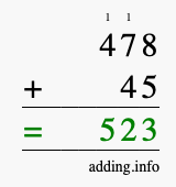 Calculate 478 + 45 using long addition