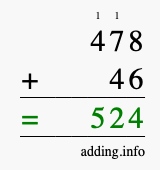 Calculate 478 + 46 using long addition