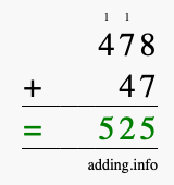 Calculate 478 + 47 using long addition