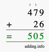 Calculate 479 + 26 using long addition