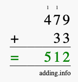 Calculate 479 + 33 using long addition