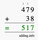 Calculate 479 + 38 using long addition