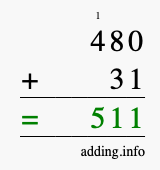 Calculate 480 + 31 using long addition