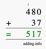 Calculate 480 + 37 using long addition