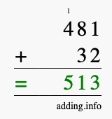 Calculate 481 + 32 using long addition