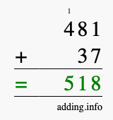 Calculate 481 + 37 using long addition