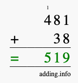 Calculate 481 + 38 using long addition