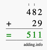 Calculate 482 + 29 using long addition