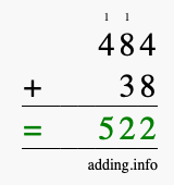 Calculate 484 + 38 using long addition