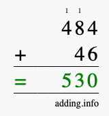 Calculate 484 + 46 using long addition