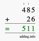Calculate 485 + 26 using long addition