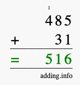 Calculate 485 + 31 using long addition