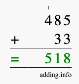 Calculate 485 + 33 using long addition