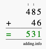 Calculate 485 + 46 using long addition