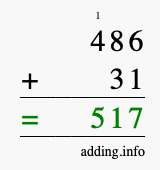 Calculate 486 + 31 using long addition