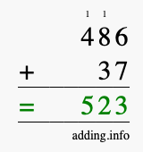 Calculate 486 + 37 using long addition