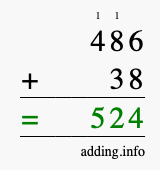 Calculate 486 + 38 using long addition