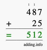 Calculate 487 + 25 using long addition