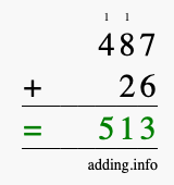 Calculate 487 + 26 using long addition