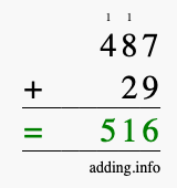 Calculate 487 + 29 using long addition