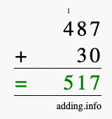 Calculate 487 + 30 using long addition