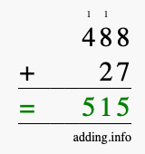 Calculate 488 + 27 using long addition