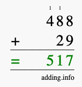 Calculate 488 + 29 using long addition
