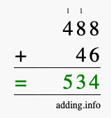 Calculate 488 + 46 using long addition