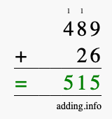 Calculate 489 + 26 using long addition