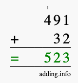Calculate 491 + 32 using long addition