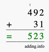 Calculate 492 + 31 using long addition