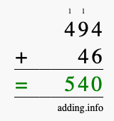 Calculate 494 + 46 using long addition