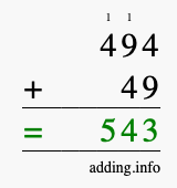 Calculate 494 + 49 using long addition