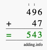 Calculate 496 + 47 using long addition