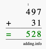 Calculate 497 + 31 using long addition