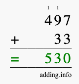 Calculate 497 + 33 using long addition