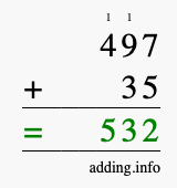 Calculate 497 + 35 using long addition
