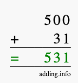 Calculate 500 + 31 using long addition