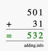 Calculate 501 + 31 using long addition
