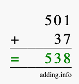 Calculate 501 + 37 using long addition