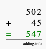 Calculate 502 + 45 using long addition