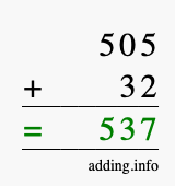 Calculate 505 + 32 using long addition