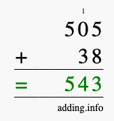 Calculate 505 + 38 using long addition